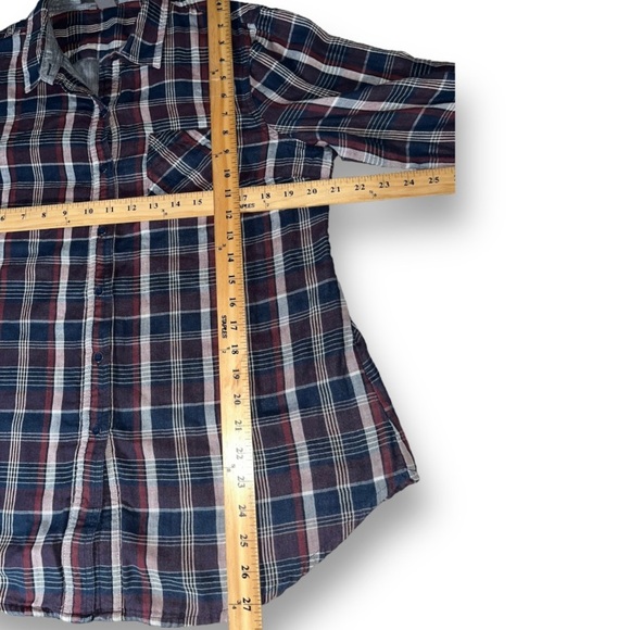 SANDRA Ingrish Red Maroon White Blue Chambray Trim Plaid Flannel Shirt Top XL - Picture 7 of 9
